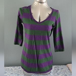 Esprit Purple and Green Chunky Striped 3/4 Sleeve Vintage Top XL